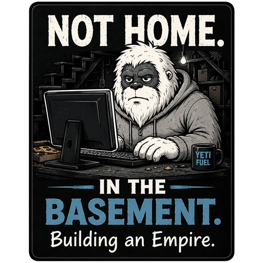 Basement Yeti coding at a computer