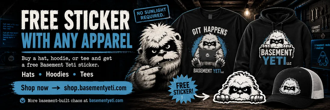 Free sticker with any apparel. Dev-humor tees, hoodies, and hats.
